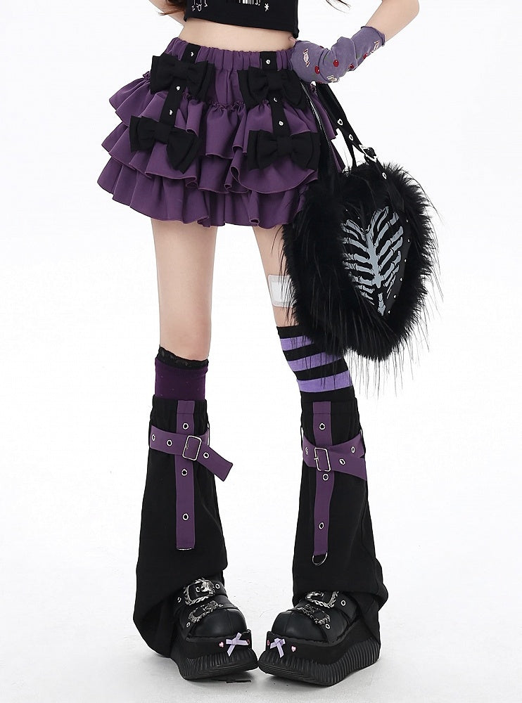 Strap Leg Warmers Black Bowknots Lined Purple Tiered Skirt with Criss-cross
