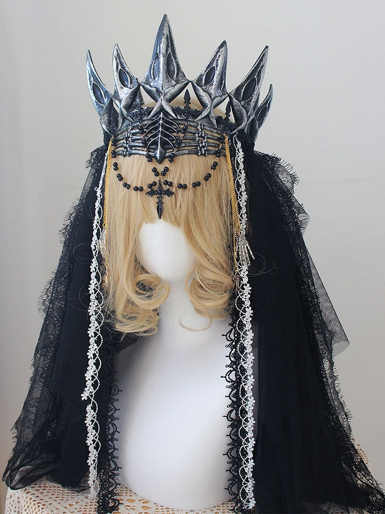 Cross And Beaded Charm Skeleton Hands Black Gothic Crown