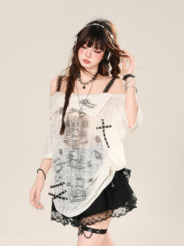 Neckline Anime Girl Print Semi-sheer Lace T-Shirt White Off-the-shoulder