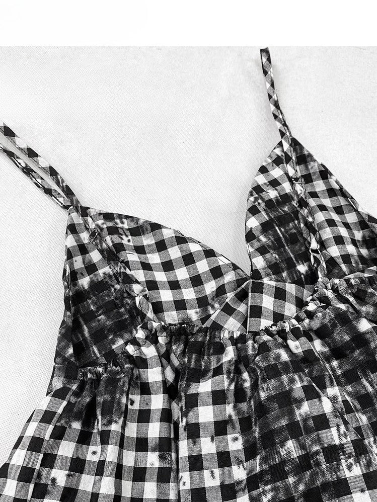 Glamorous Tiered Cross Top Plaid Details Bittersweet + Red Skirt Dye Black Tie Set- Dress Cami