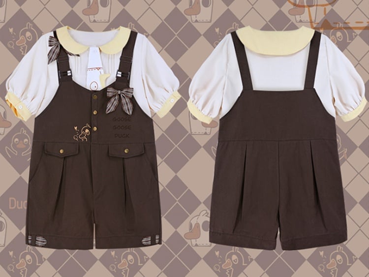 ダークブラウンのチェック柄リボンディテールオーバーオールショーツ