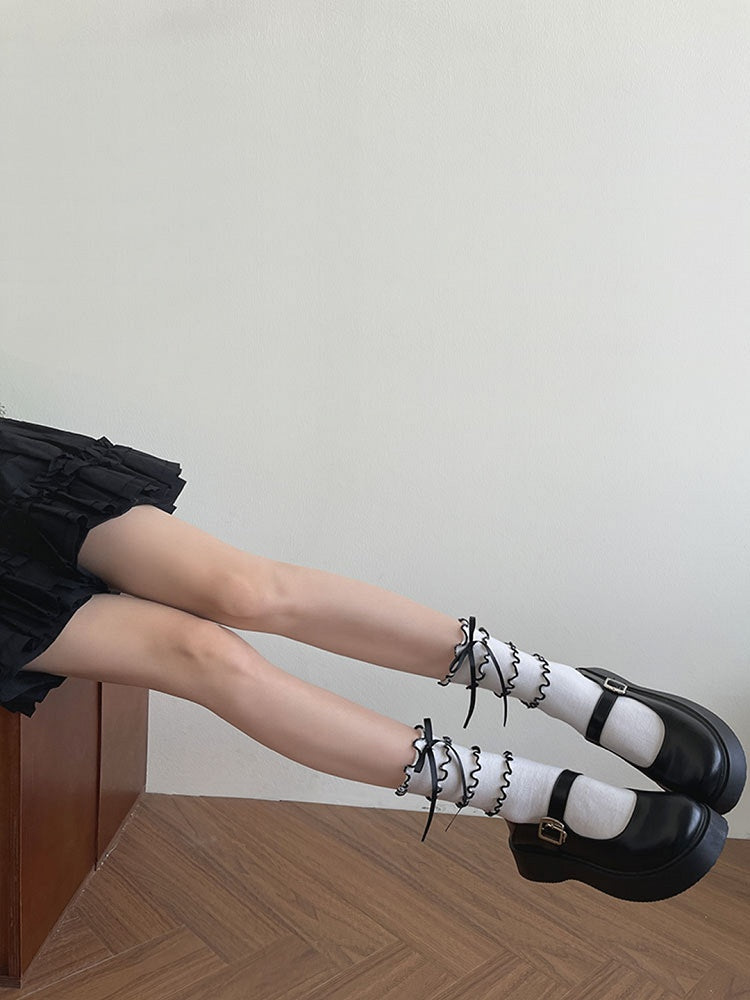 With Black Calf White Tiered Trims Socks Bowknot Ruffle