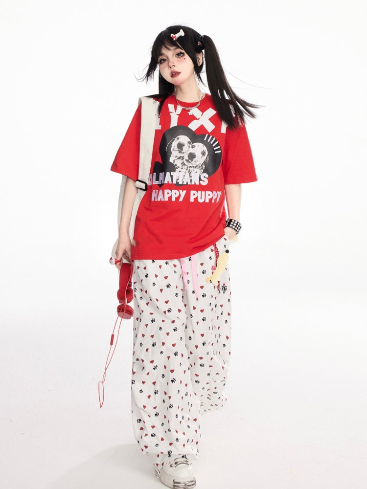 with Charm White Allover Paw Print Drawstring Cuffs Wide-Leg Pants Free