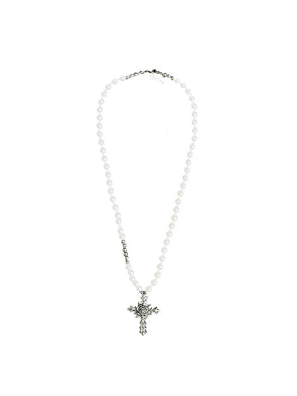 Necklace Cross White Silver Pendant Beaded