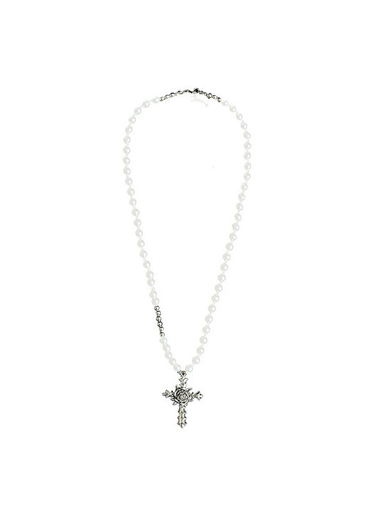 Necklace Cross White Silver Pendant Beaded