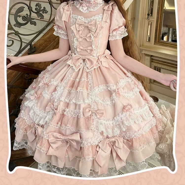 Dress Sweet Lolita Pink Accents High Detachable with Sleeves Bow Waist Princess