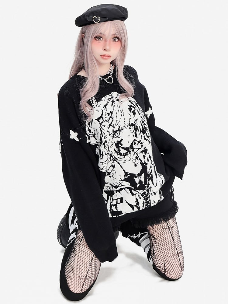 Schwarzer Pullover mit Rundhalsausschnitt und Muster für Mädchen