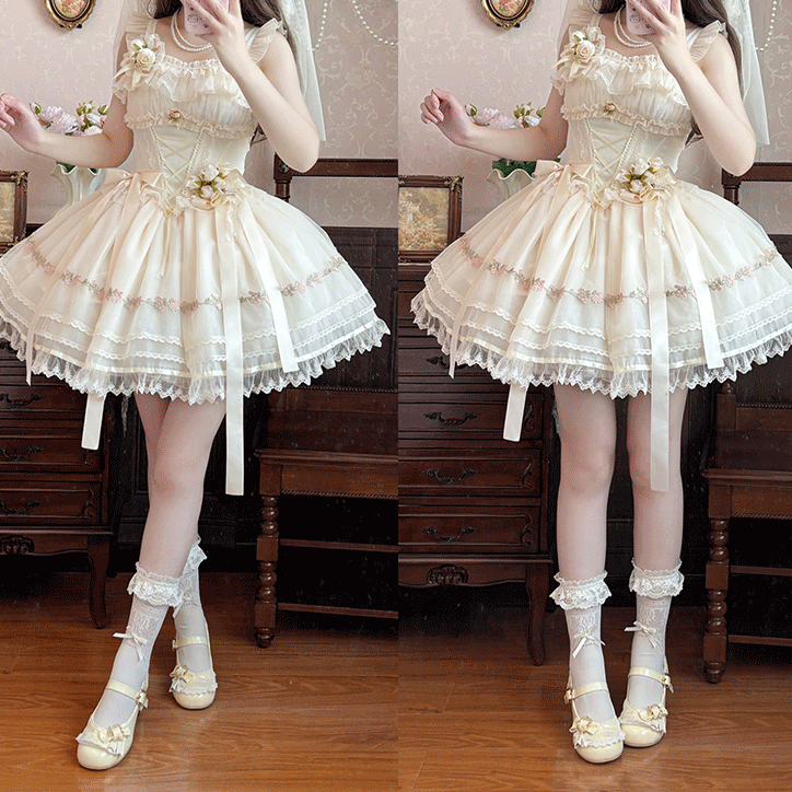 Beige Sleeves Bowknots Decoration Ribbon Lolita Dress JSK Flutter Sweet Boned Waist Balletcore