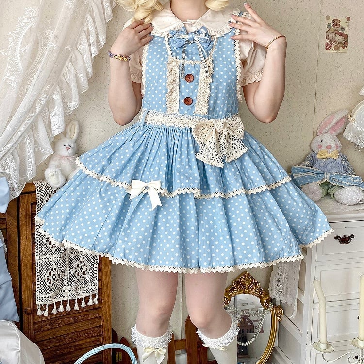 Dress Old Pattern Lolita Polka-dot School Blue Overall