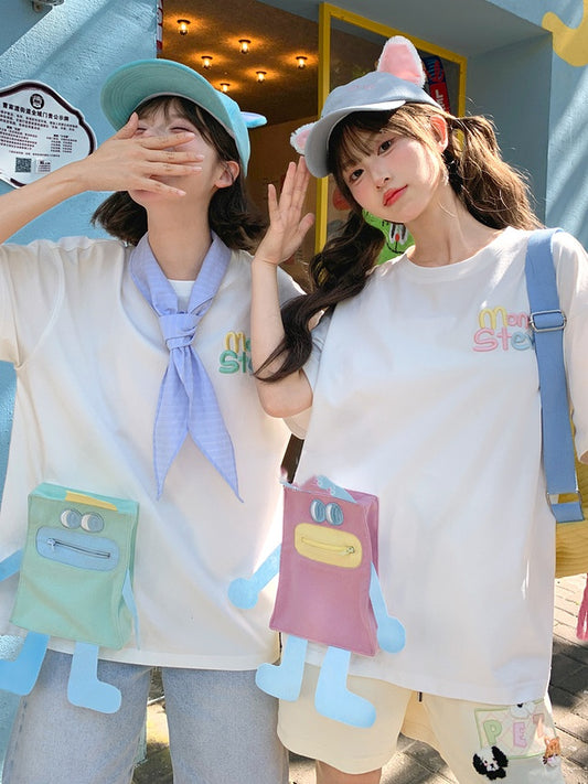 T-Shirt Blau/Rosa Hals Lose Cartoon Tasche Weiß Rund