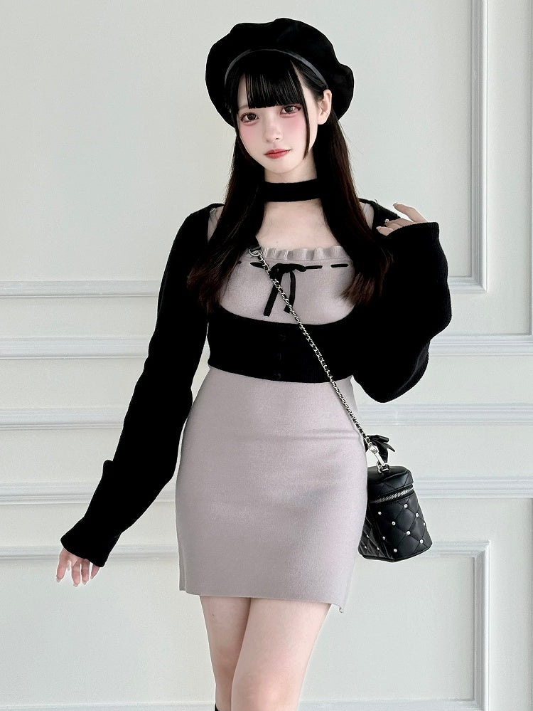Schwarzer Slip mit Oberteil im Jirai Kei Refined-Stil – Lilafarbenes Set-Kleid mit offener Brust