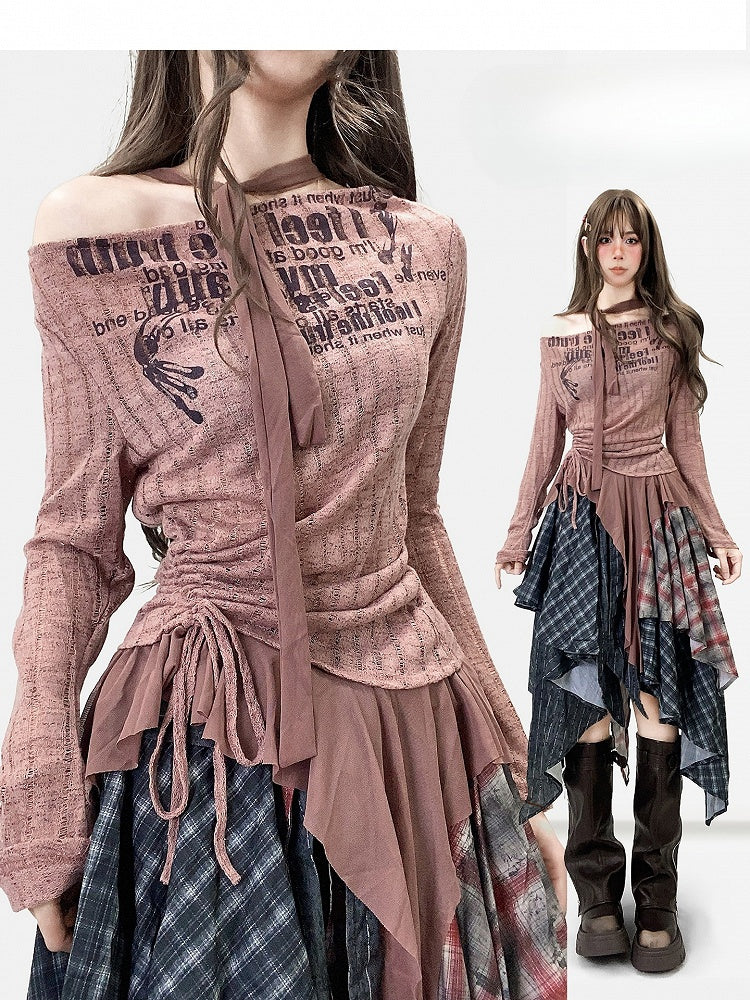 + Scarf Brown Letter Asymmetrical Top Pattern Print Millard Reddish Striped Fashion Hem