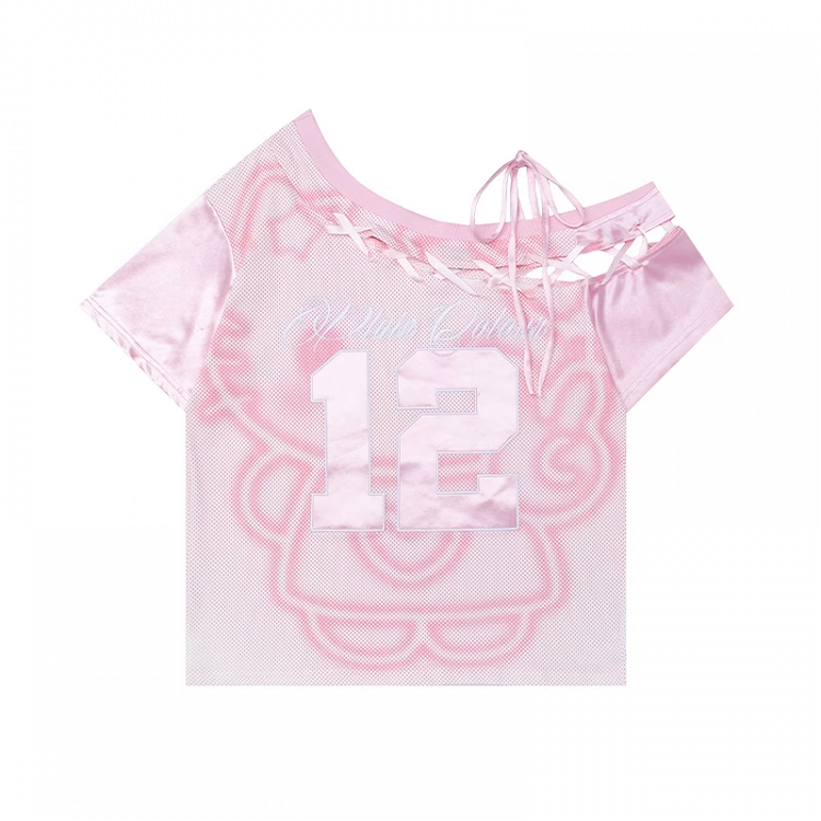 Kitty Gray/Pink Asymmetrical Lace-up Neckline Print T-Shirt