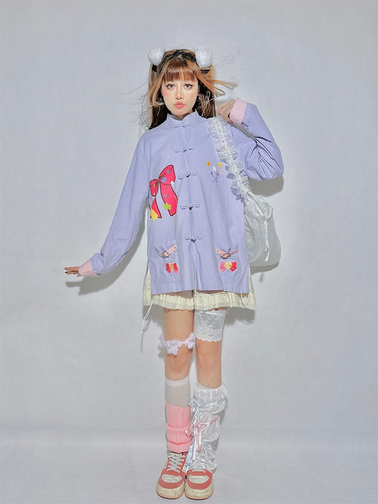 リバーシブル ピンク&パープル バンドカラー ボウバックルシャツ