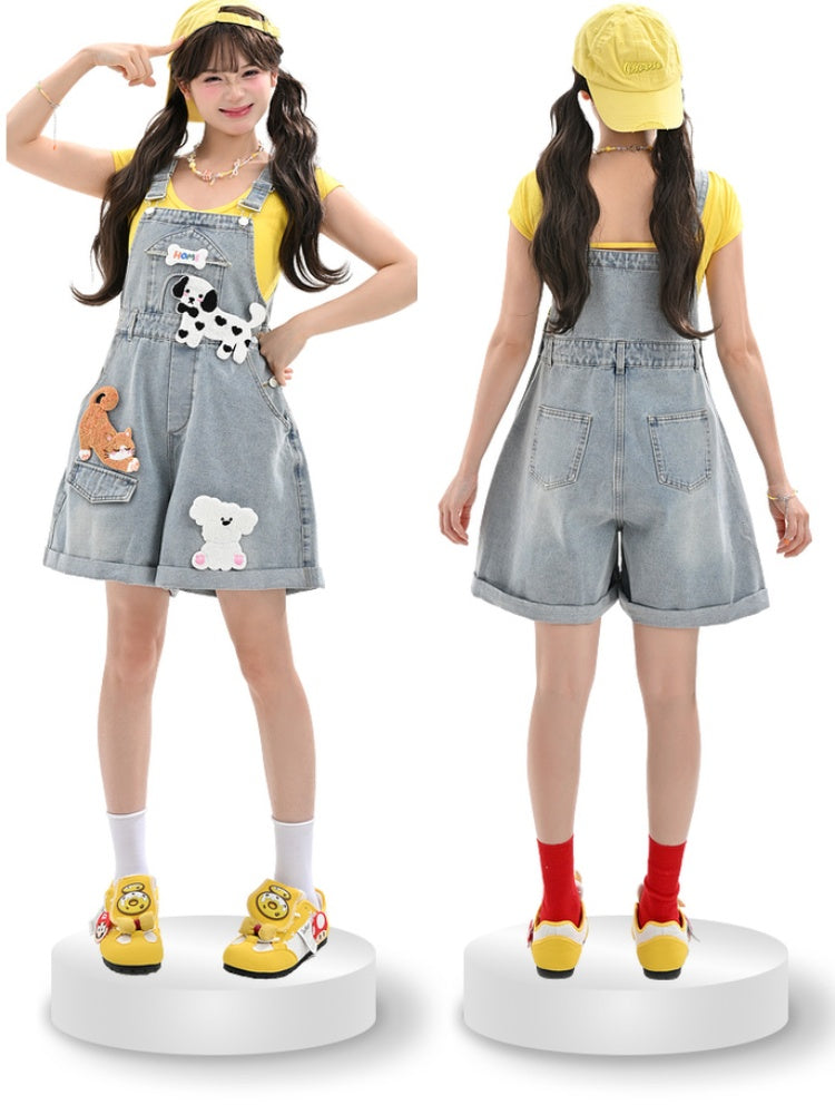 Blue High Detachable Waist Kitty Denim Overalls and Puppy Appliques with