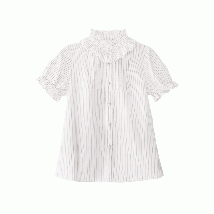 Beige gestreifte Bluse mit Puffärmeln und Rüschenausschnitt