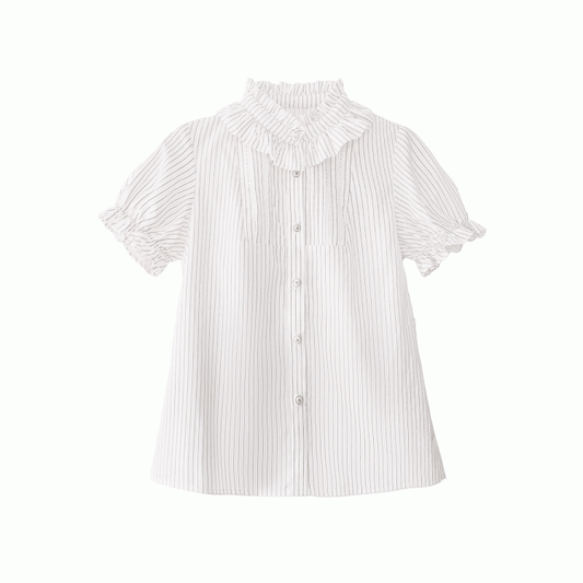 Beige gestreifte Bluse mit Puffärmeln und Rüschenausschnitt