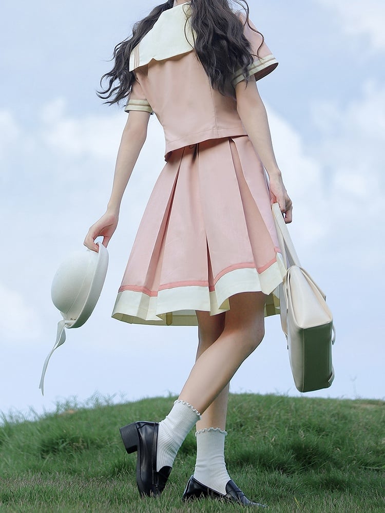 Sleeves Sweet Beige Embroidery Short Collar Sakura Top with Pink Sailor