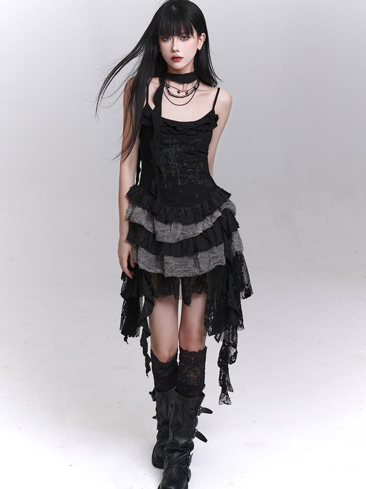 Patchwork Black Lace Cascading Ruffles Skirt