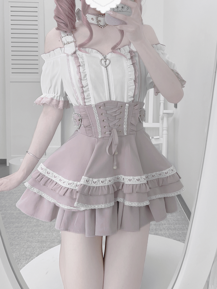 White Pink Short Jirai Kei Off-the-Shoulder Neckline Landmine and with Sleeves Choker Top Free Style
