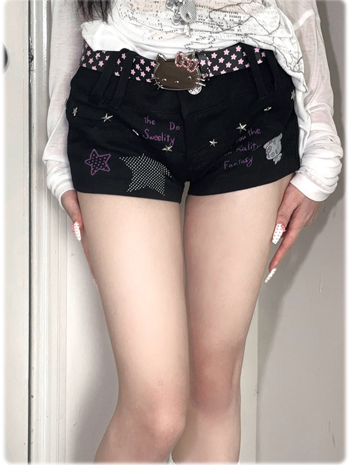 Black Low-Rise Star Studs Graffiti Print Shorts