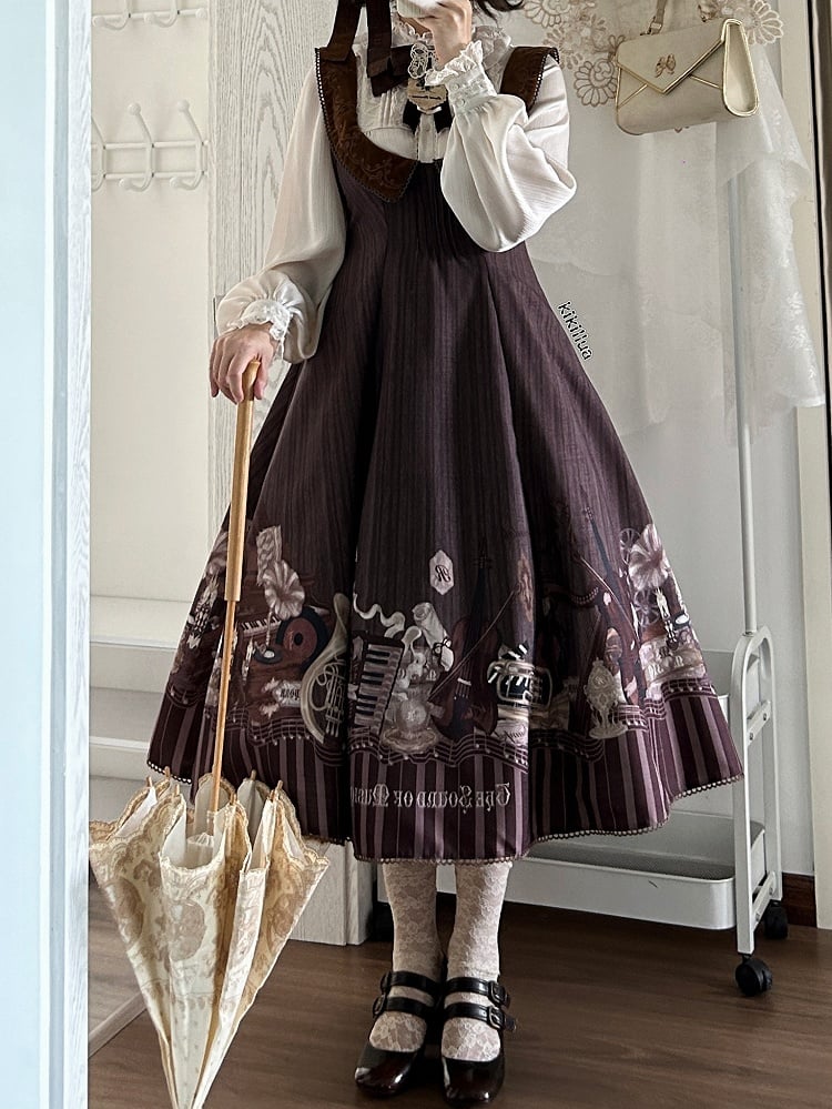 Braunes, elegantes Lolita-Kleid mit Violinen- und Klavier-Print unter der Brust
