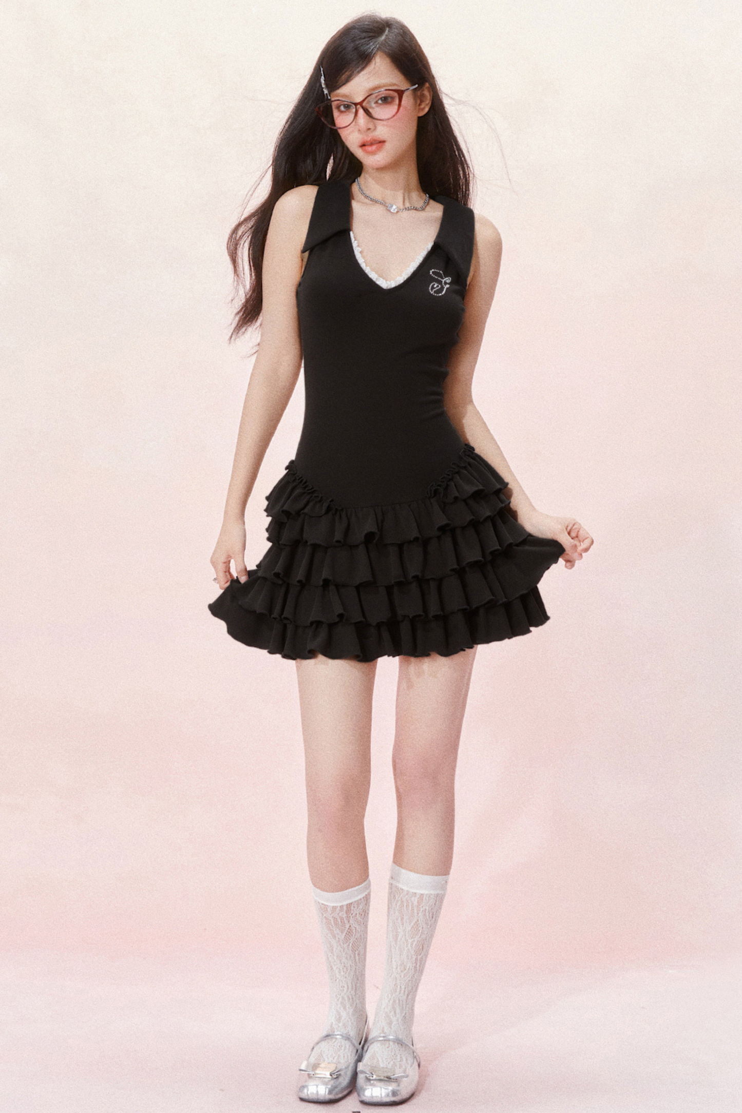 Slim Cake Dress Fit Sleeveless Chic Ruffle V-Neck