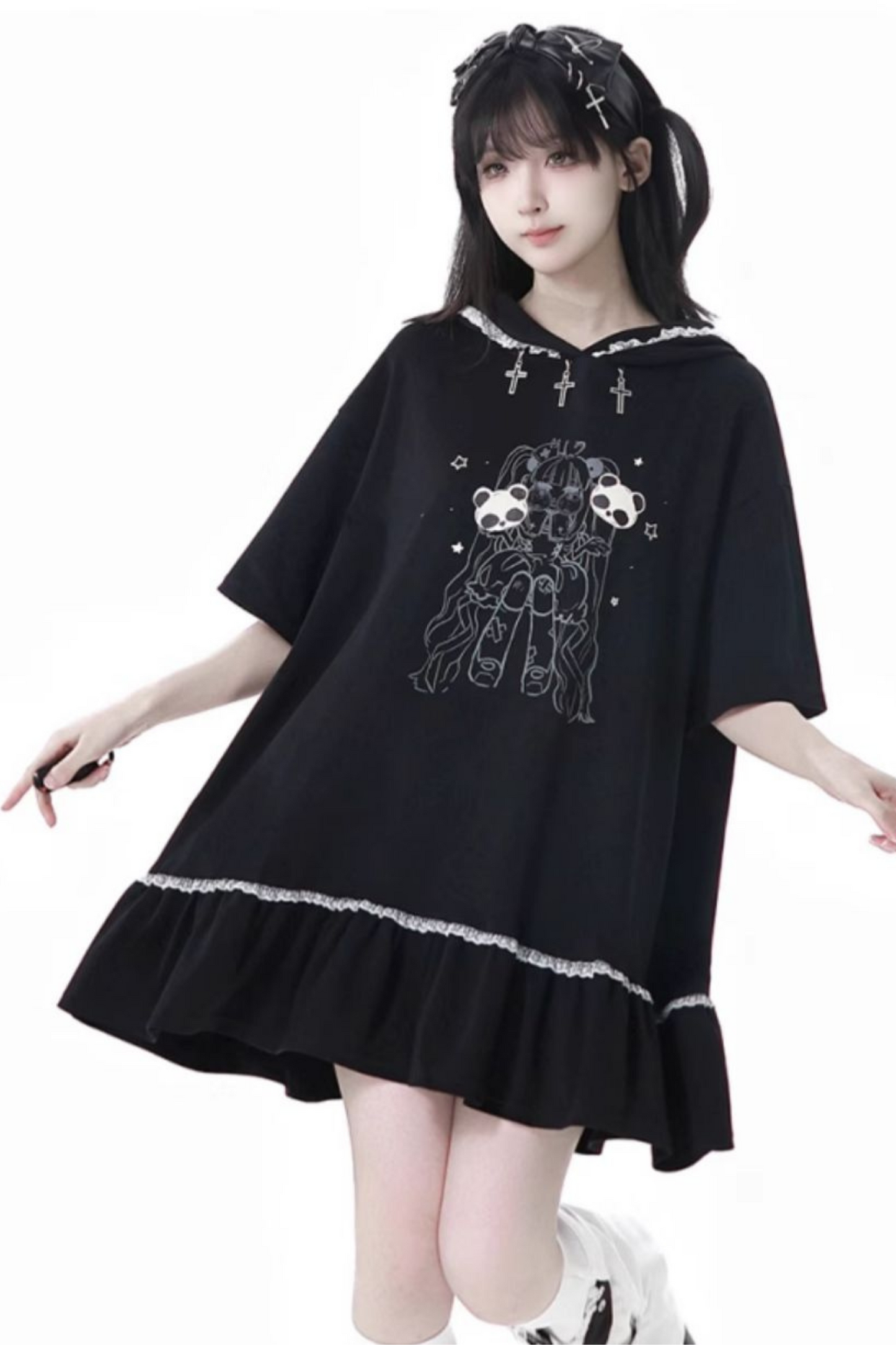 Loose Pants Top Frilled Hooded + Warmers Leg Half Dress Nektor