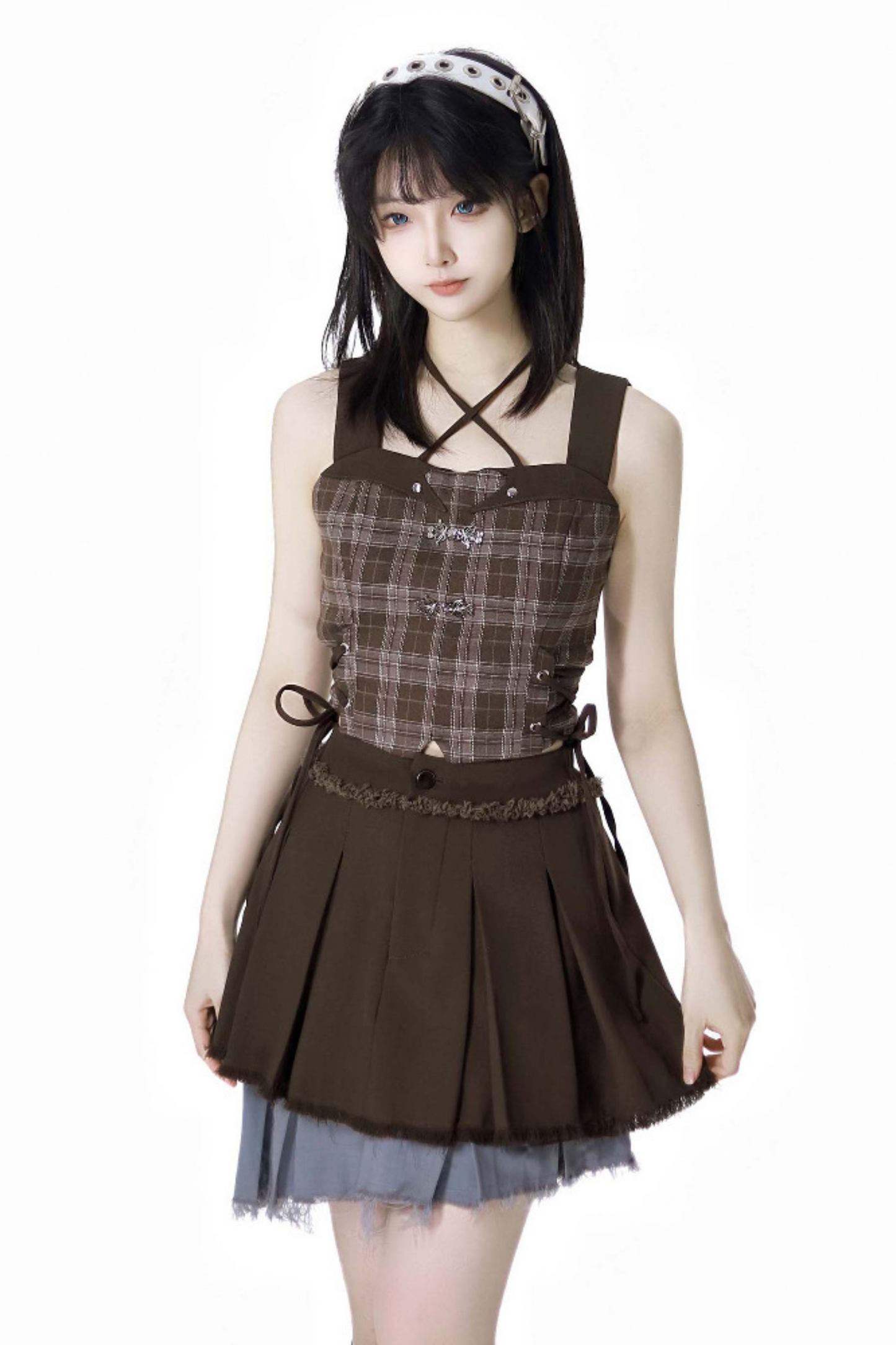 skirt + blue bustier top dark check y2k asymmetrical