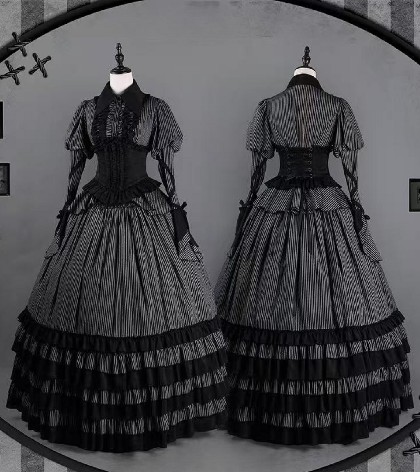 shirt gusset-sleeved + Reservations skirt striped corset Dark