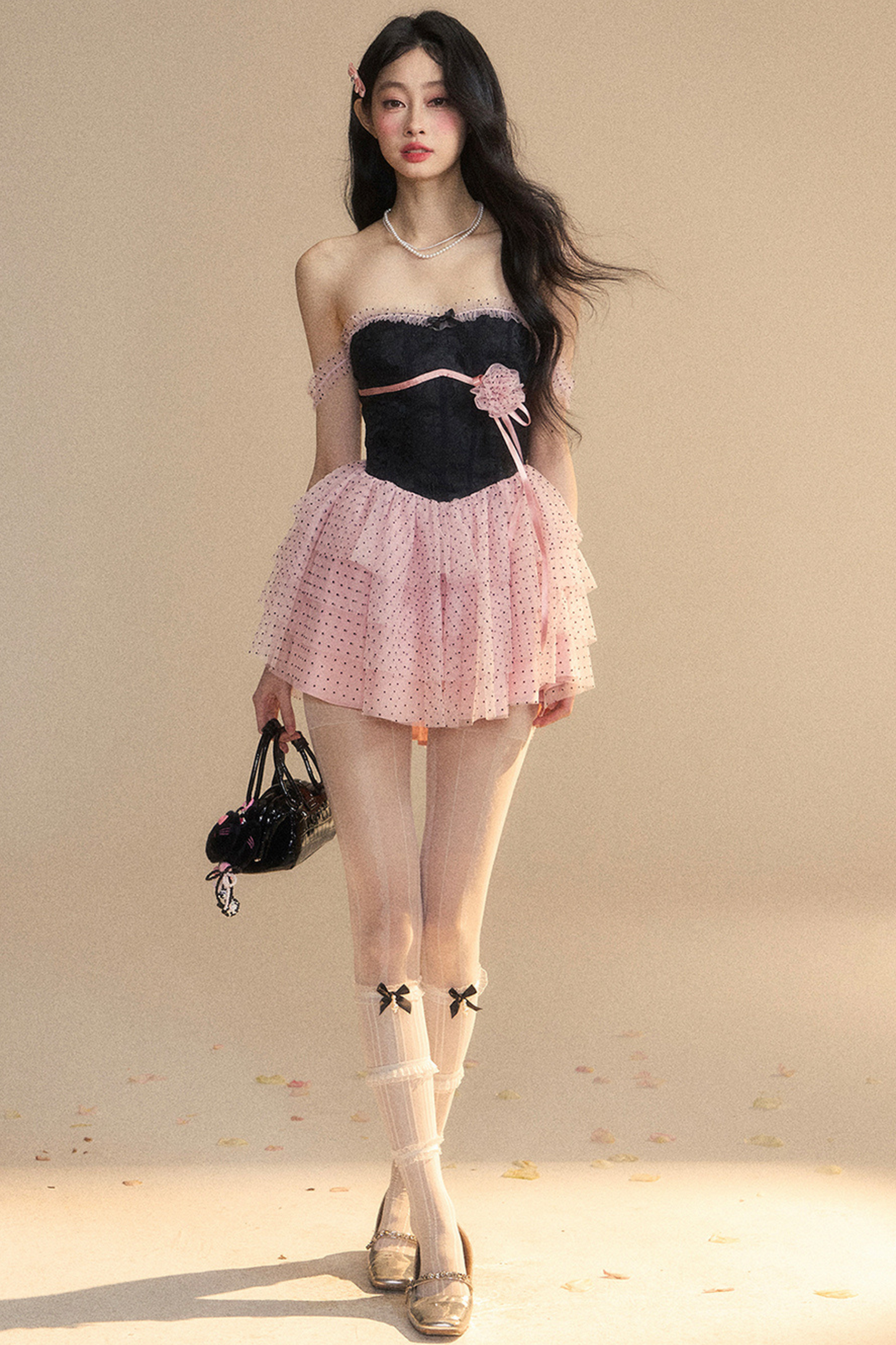 Top Lace Pink Tube Black Dress
