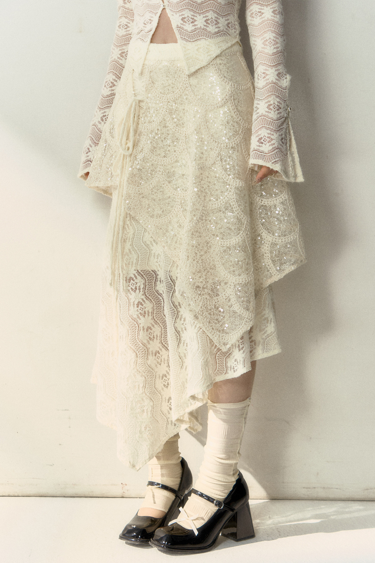 Shiny Top Sheer + French Asymmetrical Skirt Lace