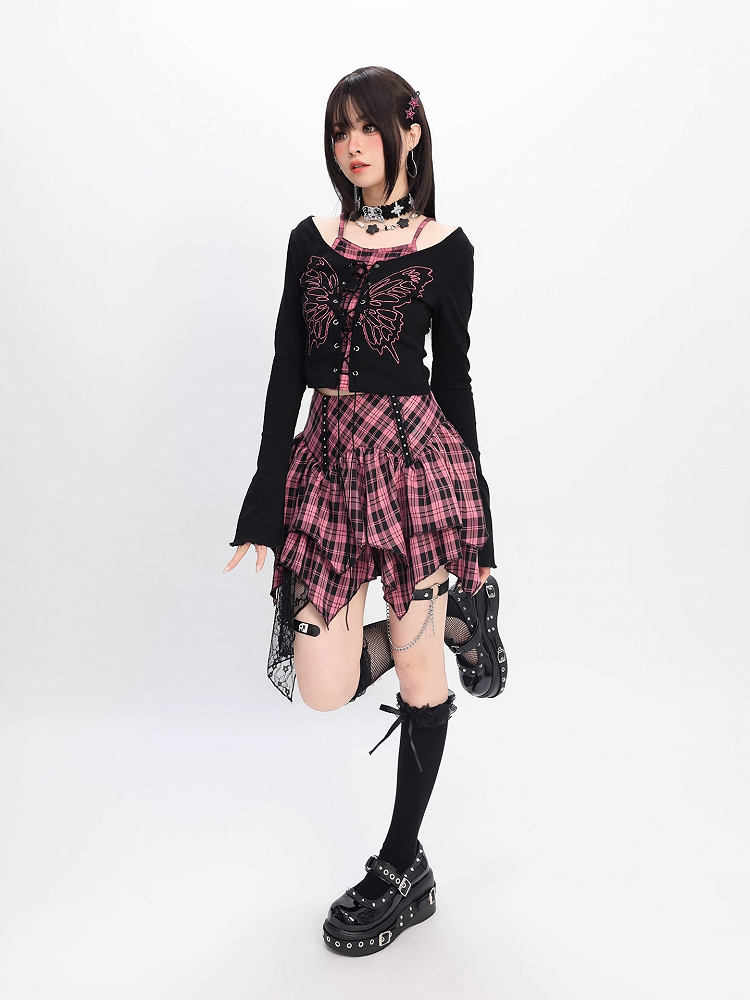 Top Faux Y2K Lace-up Front Butterfly Print Black Pink Plaid Two-pieces and