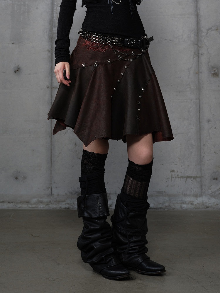 Asymmetrical Skirt Punk Reddish with Embroidery Wasteland Hem Brown Floral Suede