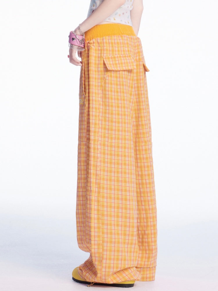 Drawstring Cuffs Wide-leg Casual Pants Orange Plaid Elastic Waist