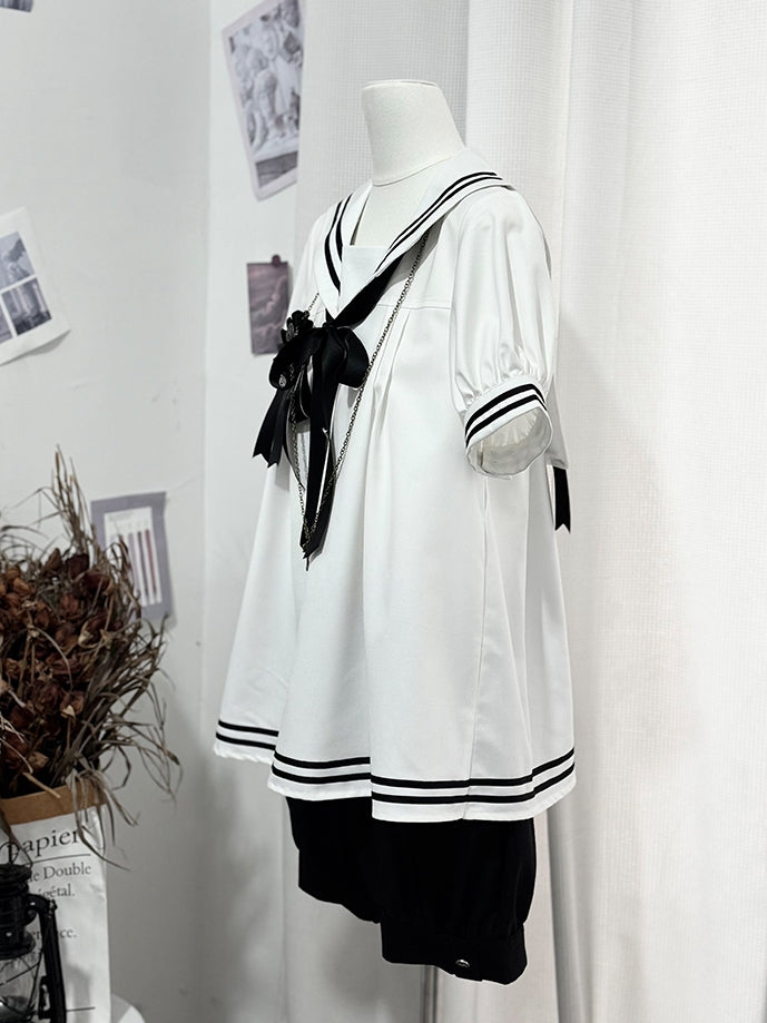Shorts Sleeves Short Black and Sailor White Collar Shirt
