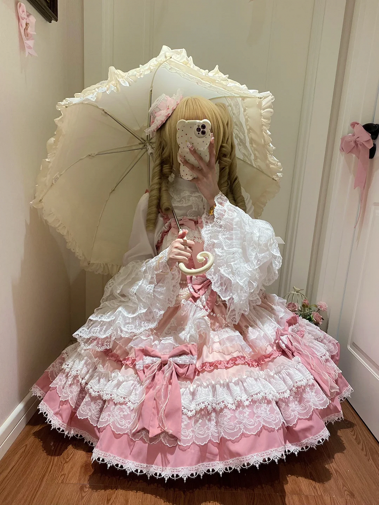 Pink Tiered Lolita Dress Sweet Bows Skirt and Details Bead Detachable