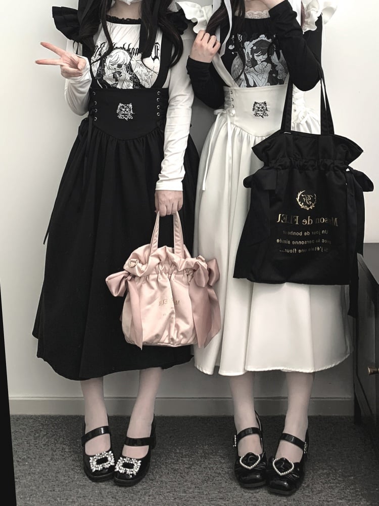 ブラックホワイトキティジライケイオーバーオールドレスレースアップディテール