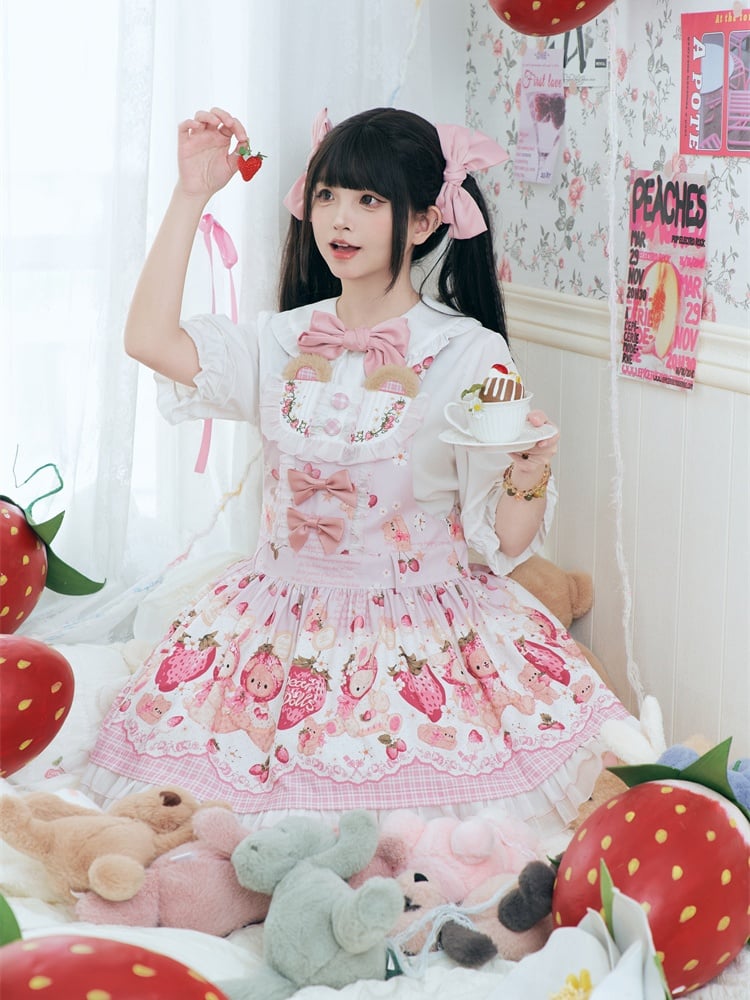 Pink Strawberry Bear Sweet Lolita Dress Cottagecore Country Jumper Skirt