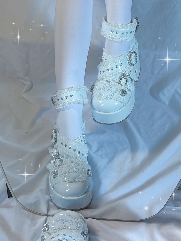 Details Platform Rhinestone Straps Jirai Lace Criss-Cross Kei with Heels: Kaiwai Light Blue Buckle Tenshi