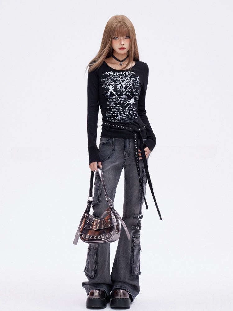 Free with Waist Y2K Black Spider Print Glamorous Slim-fitting Top Belt