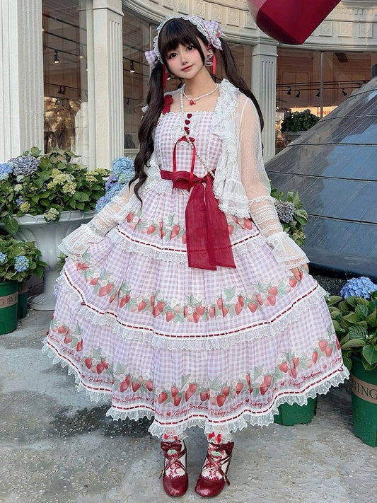コテージコア ストロベリープリント パープル ピクニック ギンガム ドレス スイート ロリータ ジャンパースカート