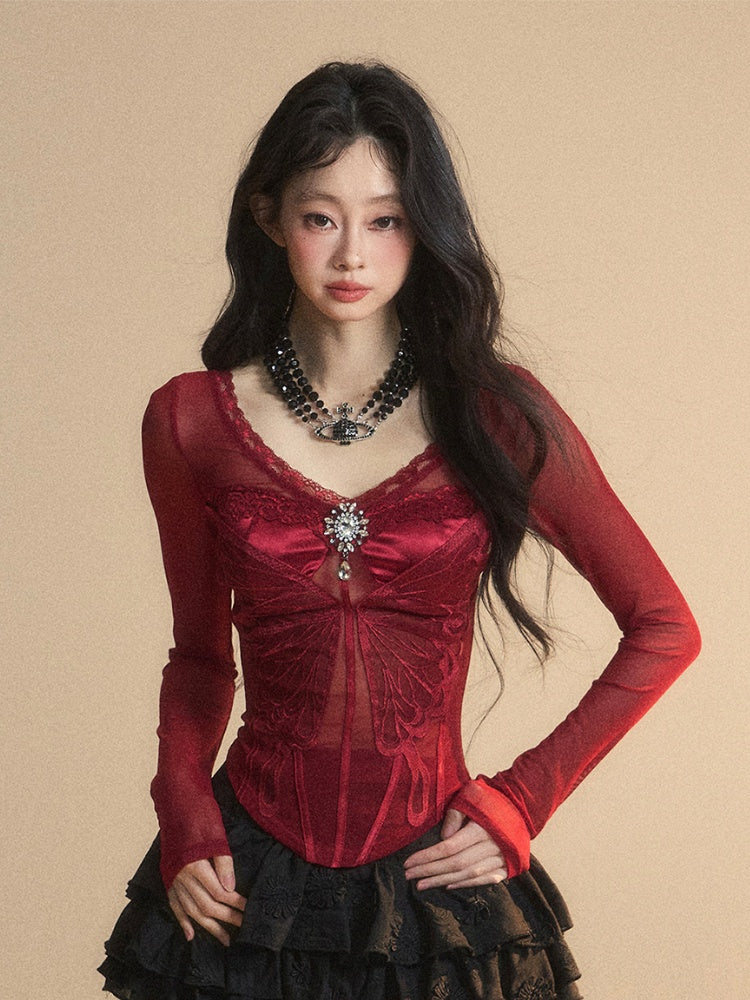 Red V-neck Top Rhinestone Embellished Glamorous Butterfly Embroidery