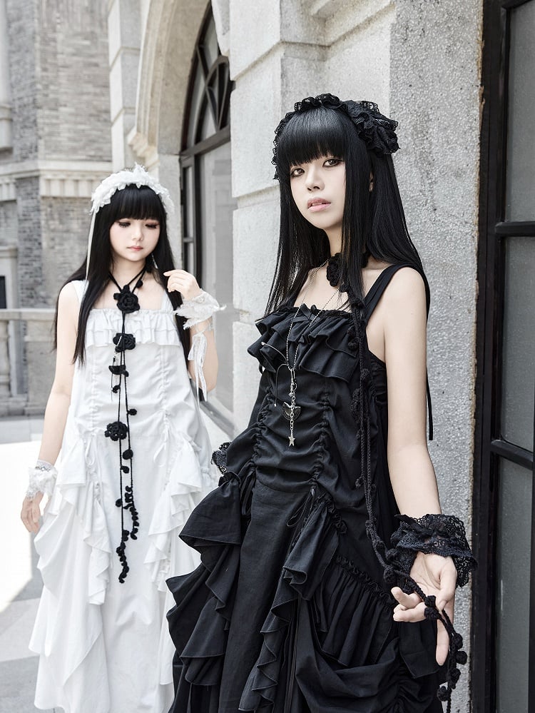 Loose Drawstring Ruffles Scarf Dress Necklace Cascading Design + Goth Black