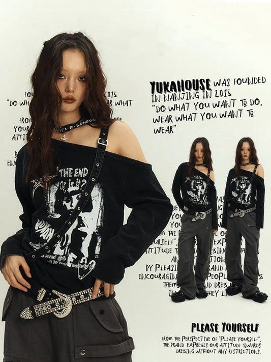 Cutout Shoulder Top Y2K Punk Black Asymmetrical