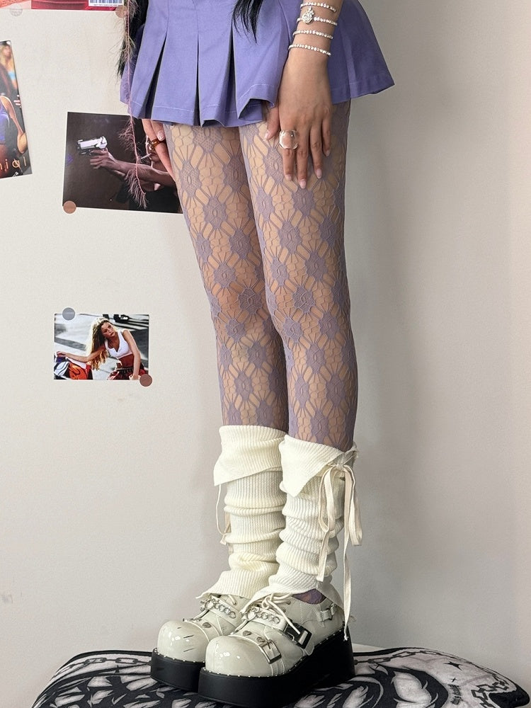 Tights Floral Pattern White/Purple Sweet Lolita