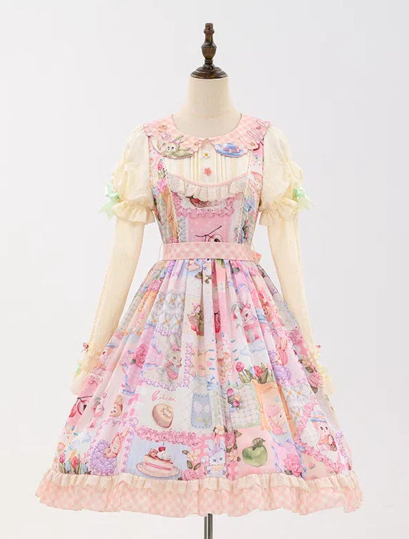 Bunny Embroidery Collar Cottagecore Patchwork Sweet Lolita Dress with Detachable Sleeves