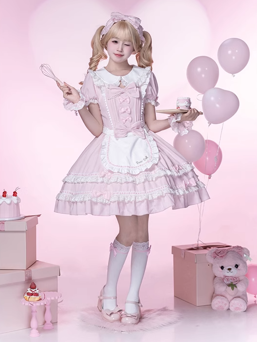 Lolita Dress Piece Accents School Pink Peter Pan Collar Bowknot Light Old One