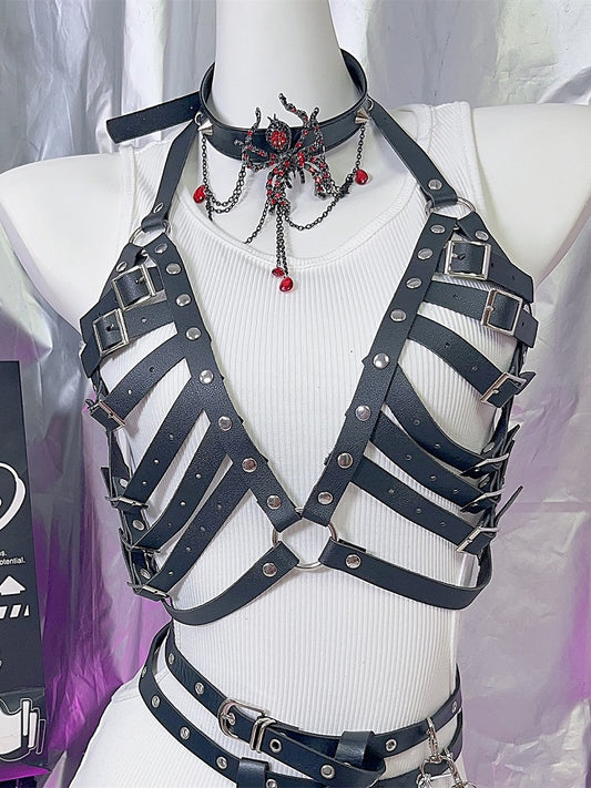 Y2K Black PU Belt Details Studs Chest