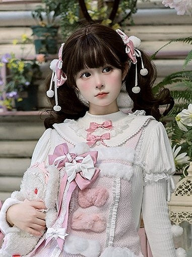 Hairclips Bow Accents Sweet with Pink/Brown Pom-pom Lolita